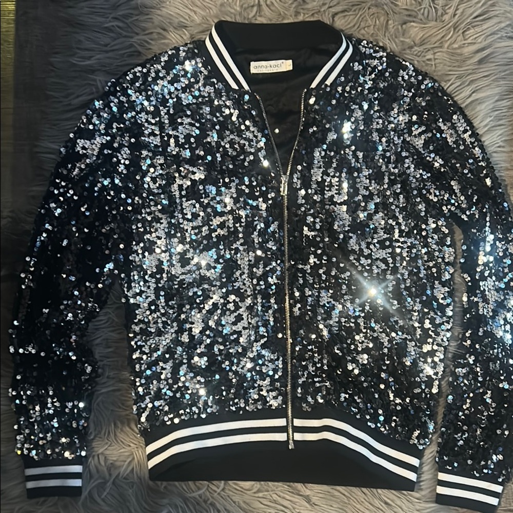 Sequin Bomber Jacket in Black and Silver